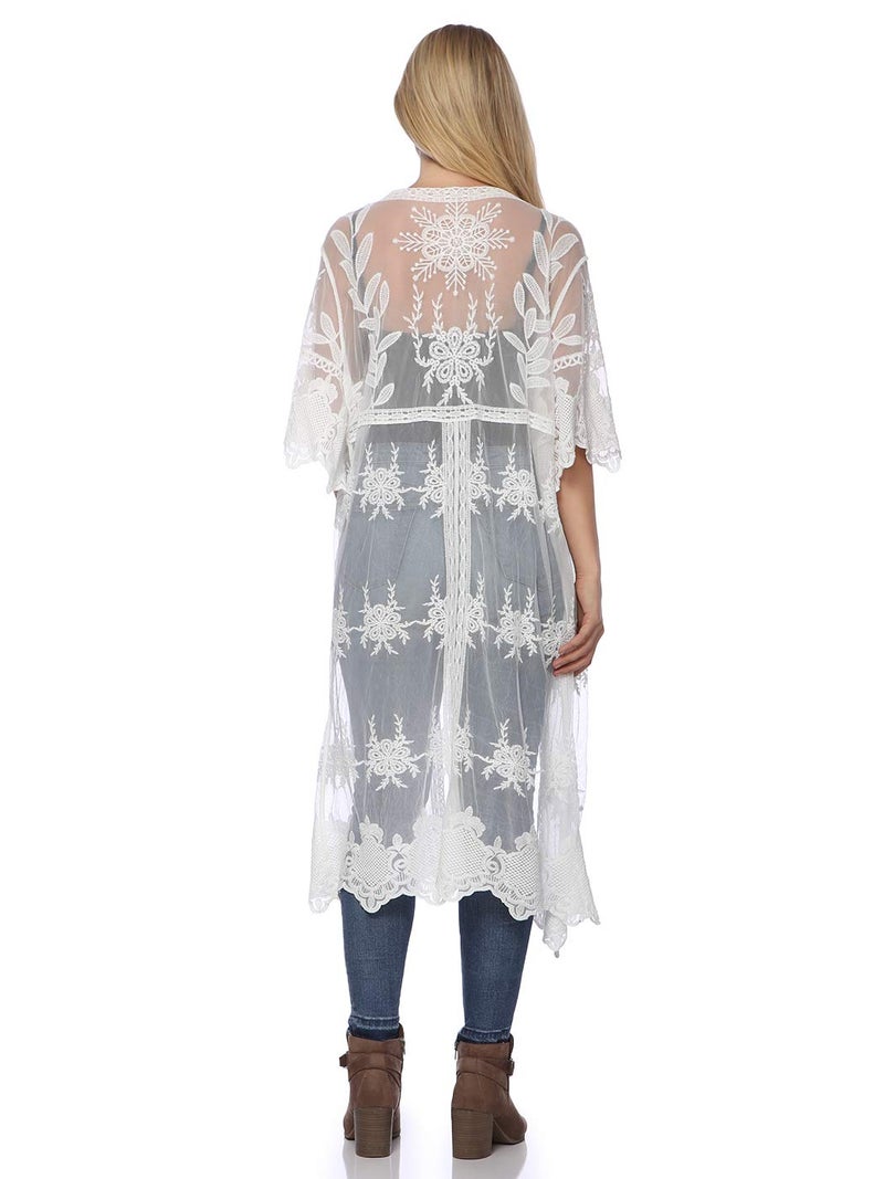Anna-Kaci Womens Half Sleeve Lace Flower Embroidered Cover up Kimono Cardigan, Ivory, One Size - Image 2